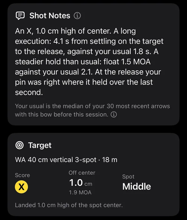 The Shot Notes and Target cards for one arrow in XTuned Band