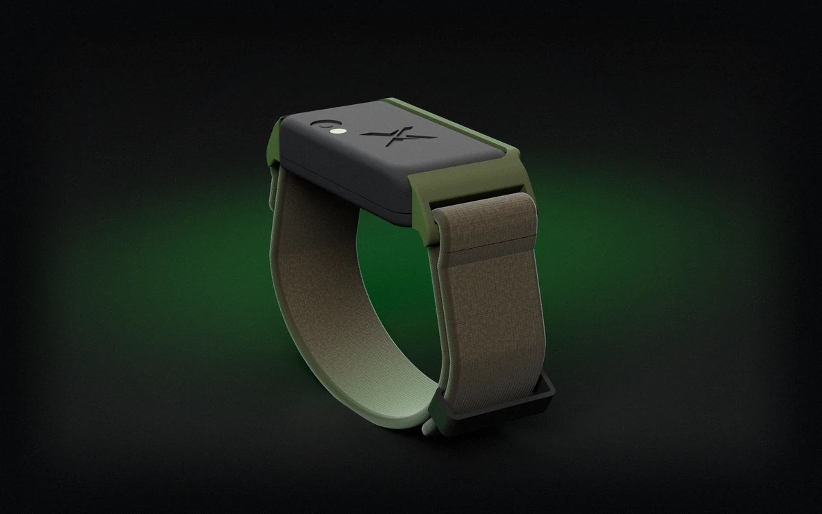 XTuned Band: a matte black pod with the XTuned logo, in a field green frame with a brown strap