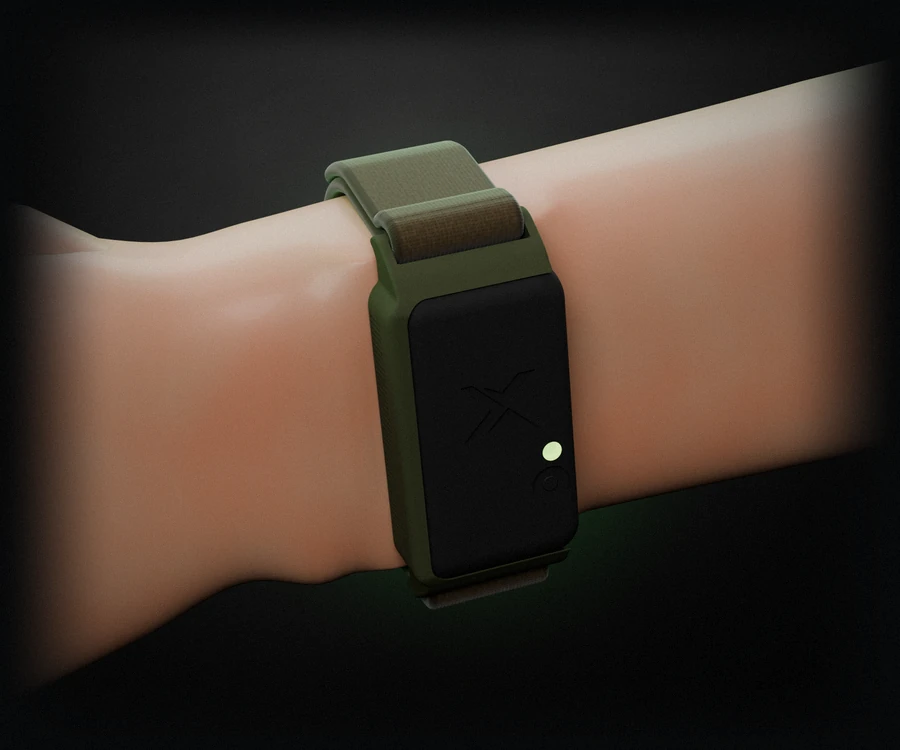 XTuned Band on the wrist of the bow arm, field green with a brown strap